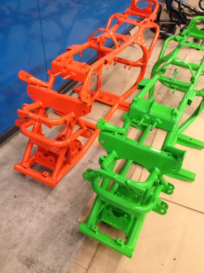 Bright powder coating on frames of mini motorcycles